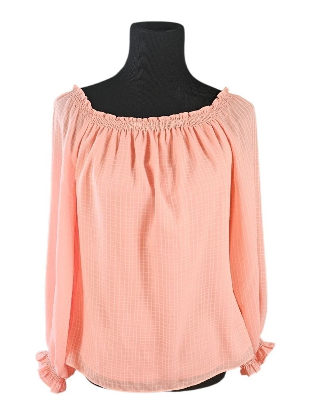 White House Black Market Pink Smocked Off Shoulder Sheer Sleeve Blouse XS